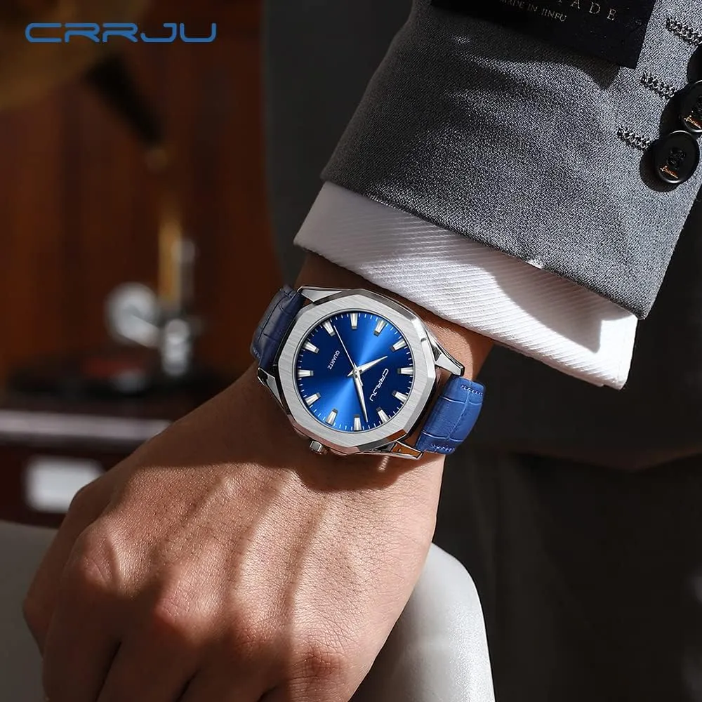 CRRJU Men's Fashion Luxury Classical Leather Watches for Men Business Simple Luminous Analog Quartz Wristwatches