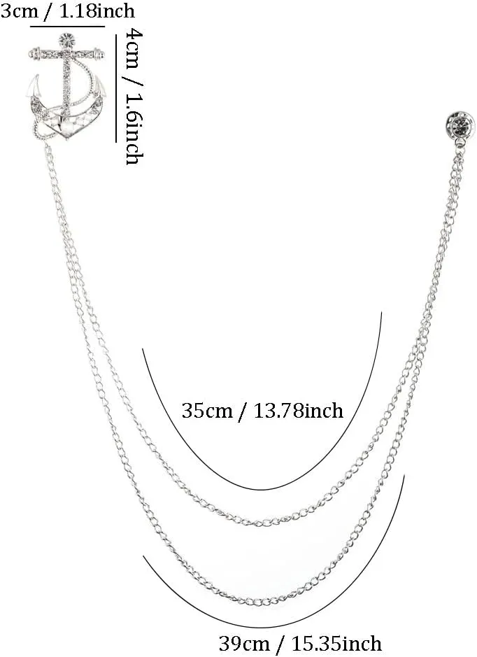 Crystal Boat Anchor Suit Pin with Double Hanging Chains Elegant Collar Lapel Pin for Men Shirt Suit Tuxedo Suit Accessories Jewelry Gifts