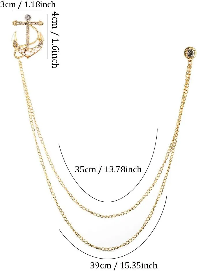 Crystal Boat Anchor Suit Pin with Double Hanging Chains Elegant Collar Lapel Pin for Men Shirt Suit Tuxedo Suit Accessories Jewelry Gifts