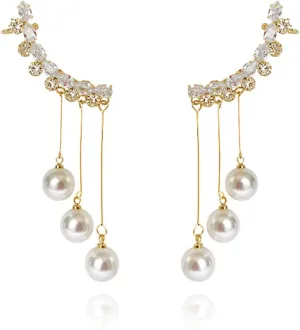 Crystal Long Tassel Rhinestone Sparkling Pearl Ear Clip Cuff Earrings for Women Jewelry