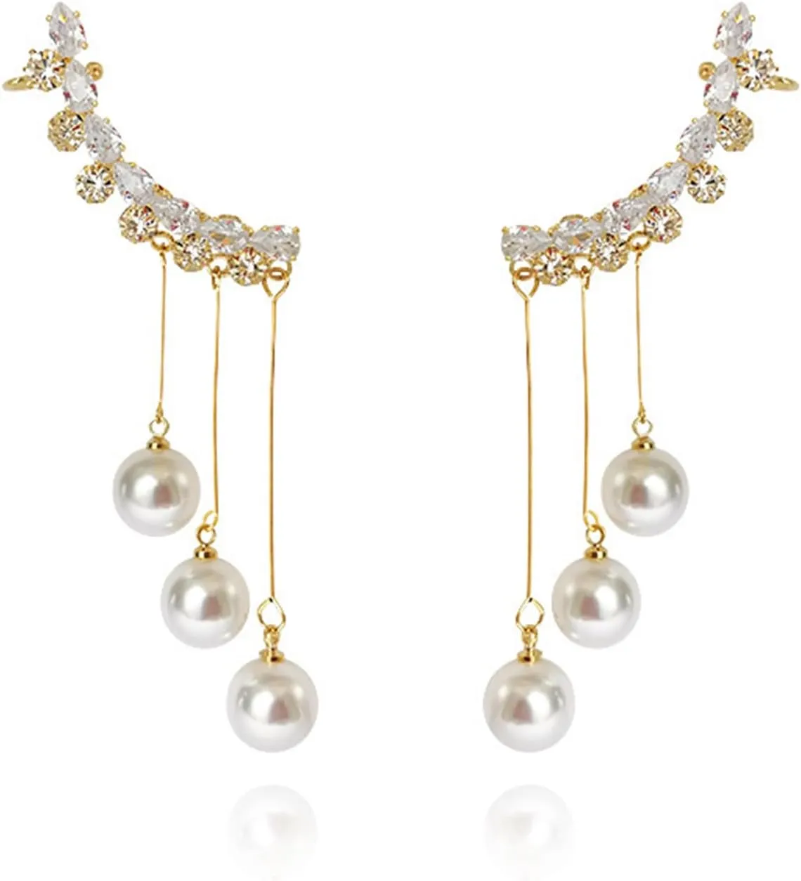Crystal Long Tassel Rhinestone Sparkling Pearl Ear Clip Cuff Earrings for Women Jewelry