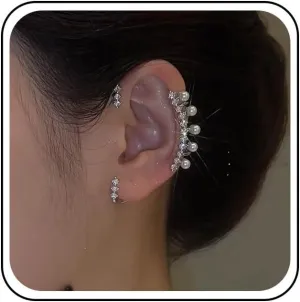 Crystal Pearl Ear Cuffs Earrings Silver Pearl Cuff Wrap Earrings Sparkling Rhinestone Ear Climber Earrings Cz Pearl Clip on Earrings Jewelry for Women(Left)