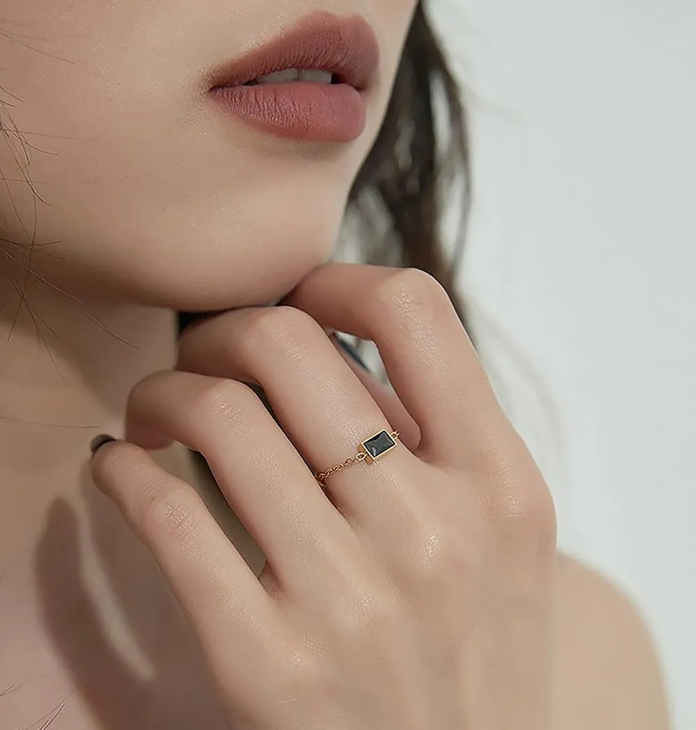 Cubic Zirconia Chain Link Stacking Ring for Women Stainless Steel Crystal Rectangle Square Adjustable Statement Tail Finger Band Dangling Love Heart Tassel Promise Eternity Rings Dainty Jewelry Gifts Wedding
