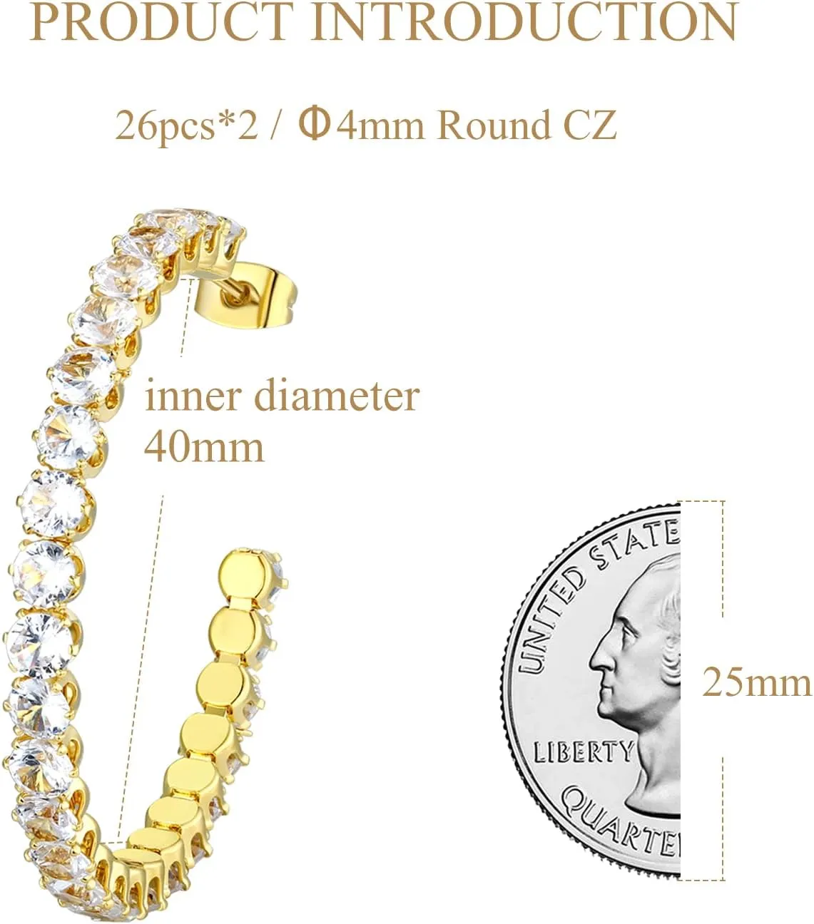Cubic Zirconia Hoop Earrings for Women and Men, Yellow Gold Plated Sparkling Rhinestone Cuff Earrings with Luxury CZ 30mm | 40mm