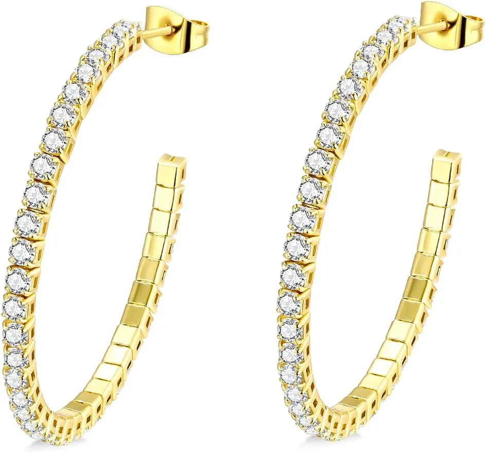 Cubic Zirconia Hoop Earrings for Women and Men, Yellow Gold Plated Sparkling Rhinestone Cuff Earrings with Luxury CZ 30mm | 40mm