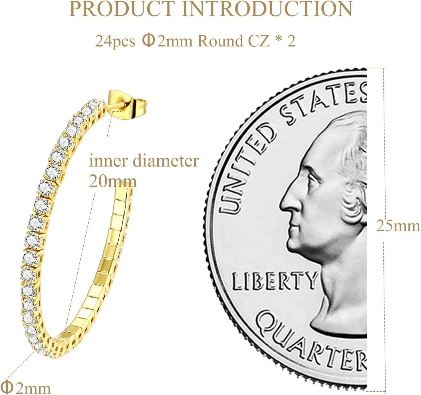 Cubic Zirconia Hoop Earrings for Women and Men, Yellow Gold Plated Sparkling Rhinestone Cuff Earrings with Luxury CZ 30mm | 40mm