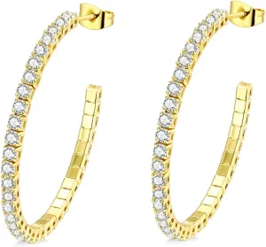 Cubic Zirconia Hoop Earrings for Women and Men, Yellow Gold Plated Sparkling Rhinestone Cuff Earrings with Luxury CZ 30mm | 40mm
