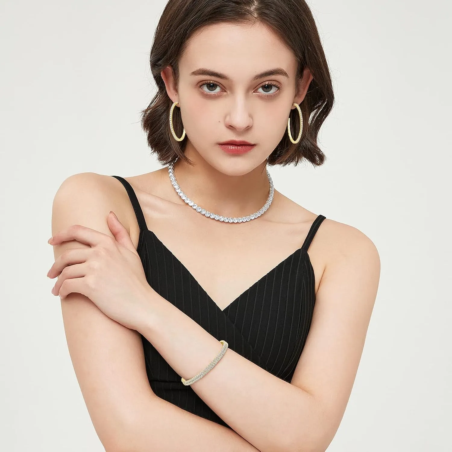 Cubic Zirconia Hoop Earrings for Women and Men, Yellow Gold Plated Sparkling Rhinestone Cuff Earrings with Luxury CZ 30mm | 40mm