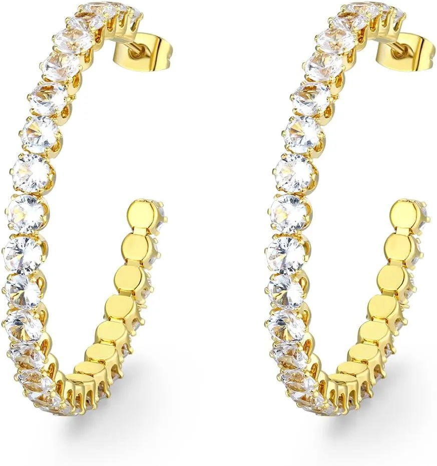 Cubic Zirconia Hoop Earrings for Women and Men, Yellow Gold Plated Sparkling Rhinestone Cuff Earrings with Luxury CZ 30mm | 40mm