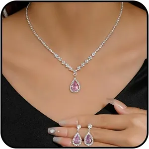 Cubic Zirconia Jewelry Set Sparkling Rhinestone Waterdrop Pendant Necklace Dangle Earrings Aesthetic Jewelry Set for Women Bridal Bridesmaid