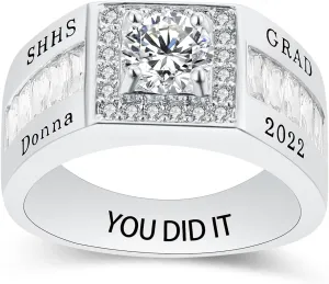 Custom Class Rings - Fully Personalized Graduation Rings for Men - Birthstone Sterling Silver - Size 5-15