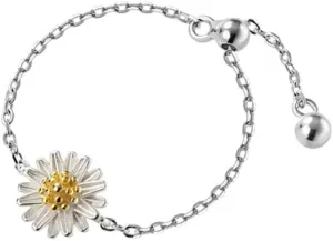 Cute Daisy Flower Chain Tassel Ring for Women 925 Sterling Silver Floral Link Tiny Bead Ball Dangle Adjustable Stacking Statement Finger Bands Promise Eternity Rings Dainty Mother's Day Birthday Jewelry Gifts for Mom