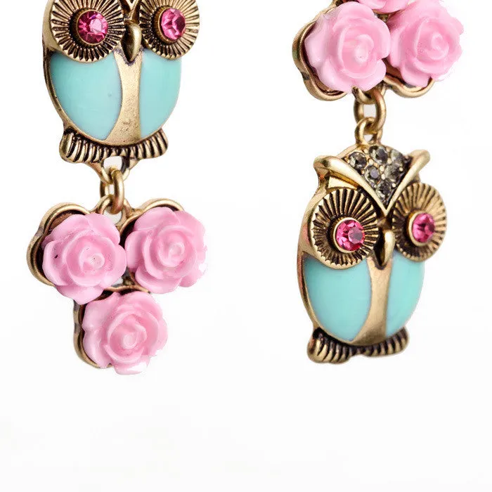 Cute Fashion Pink Flowers Owl Long Earrings Women Costume Jewelry