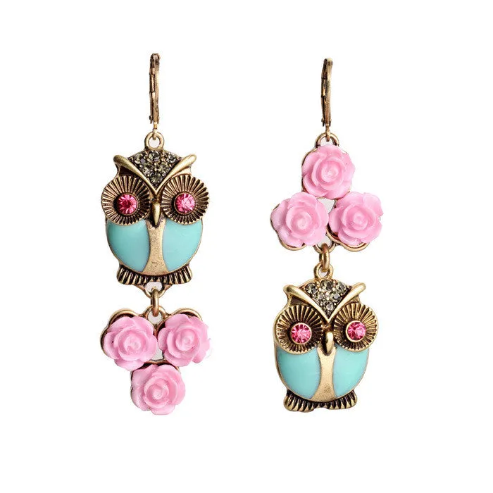 Cute Fashion Pink Flowers Owl Long Earrings Women Costume Jewelry