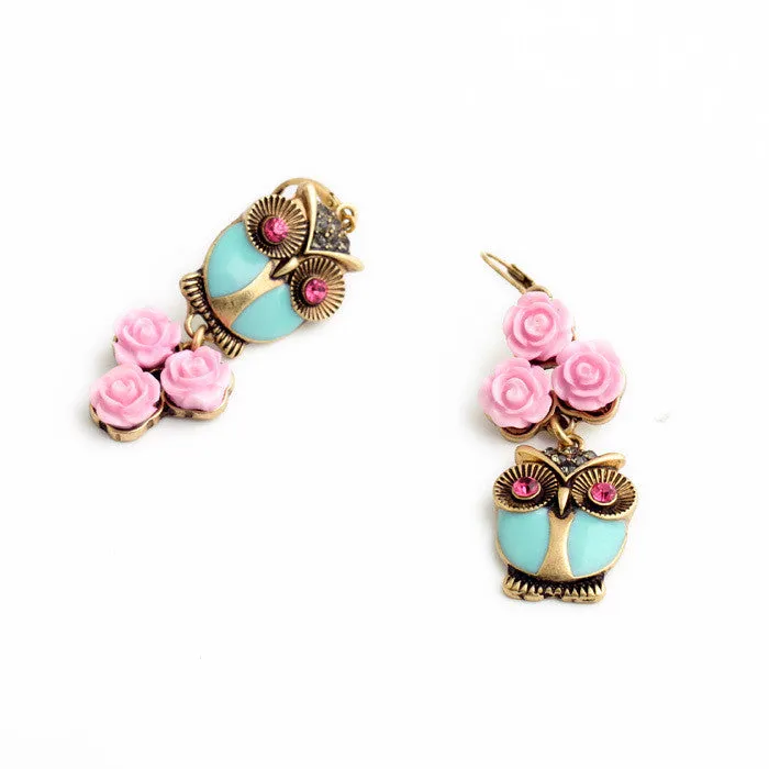 Cute Fashion Pink Flowers Owl Long Earrings Women Costume Jewelry