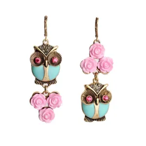 Cute Fashion Pink Flowers Owl Long Earrings Women Costume Jewelry