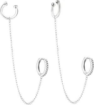CZ 925 Sterling Silver 14K White Gold Plated Cubic Zirconia Sparkling Hypoallergenic Huggie Earrings with Round Huggie Ear Cuff Chain Threader Earrings for Women