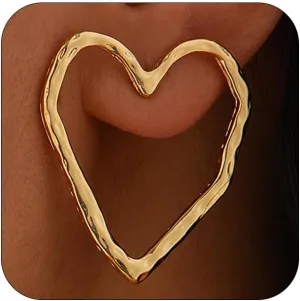 Dainty Big Heart Large Love Stud Earrings for Women, Simple 14K Gold Hollow Love Earring Trendy Personalized Silver Geometric Jewelry Accessories Gift
