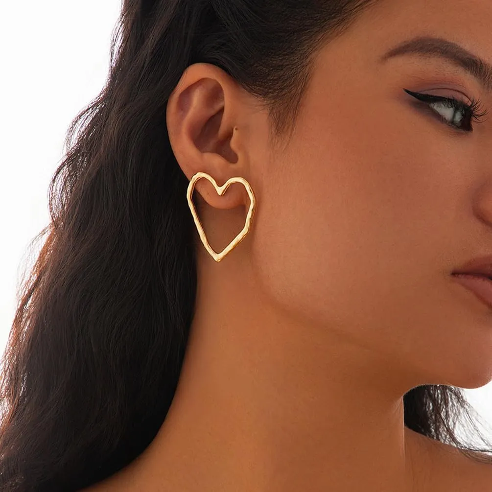 Dainty Big Heart Large Love Stud Earrings for Women, Simple 14K Gold Hollow Love Earring Trendy Personalized Silver Geometric Jewelry Accessories Gift