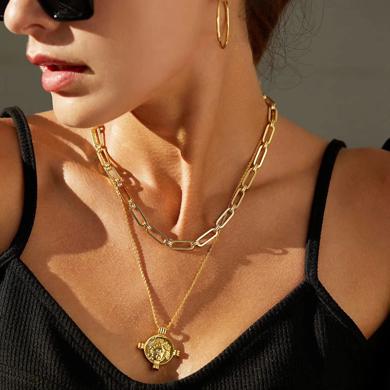 Dainty Layered Choker Necklace 18k gold Plated Y Pendant Commemorative coin Necklace Multilayer Bar Disc Necklace Adjustable Layering Choker Necklaces fashion jewelry for Women Girls