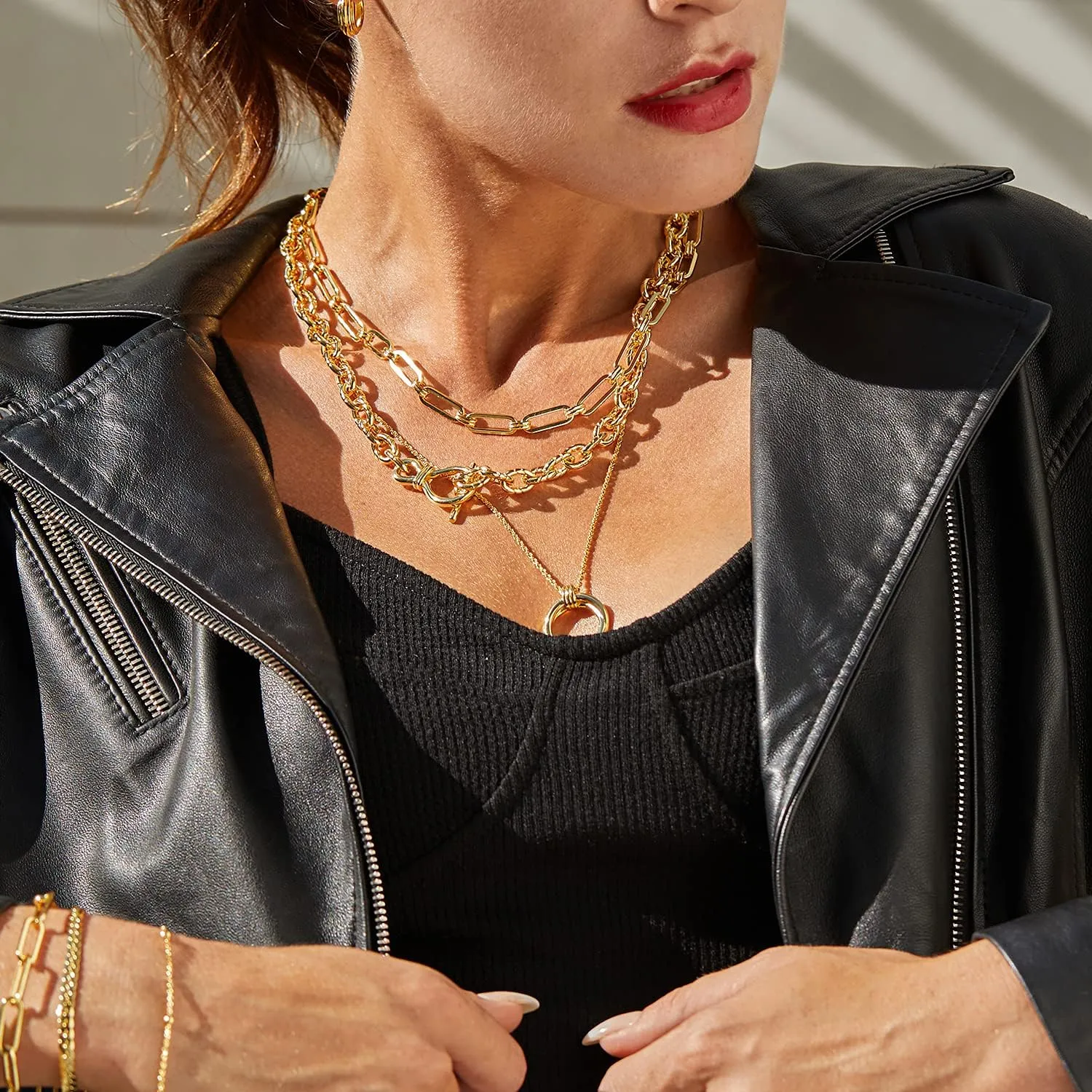 Dainty Layered Choker Necklace 18k gold Plated Y Pendant Commemorative coin Necklace Multilayer Bar Disc Necklace Adjustable Layering Choker Necklaces fashion jewelry for Women Girls