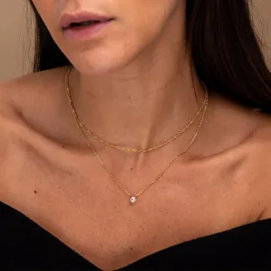 Dainty Layered Necklace Set, 14K Gold Plated, Double Chain with Crystal Pendant