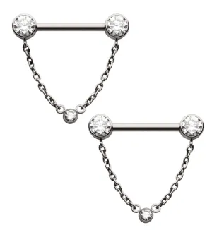 Dangle Chain Single Clear CZ Titanium Threadless Nipple Barbell