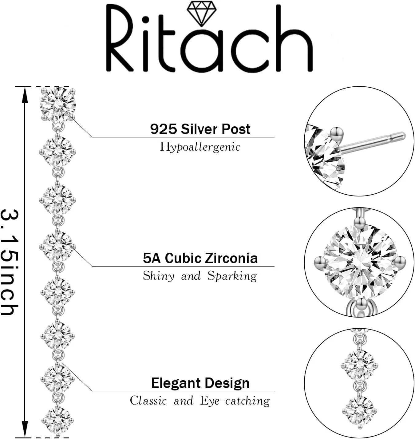Dangle Earrings for Women 5A Cubic Zirconia Long Tassel Stud Earrings Sparking Bridal Rhinestone Chandelier Earrings for Wedding Elegant Diamond Jewelry Party Prom Wedding