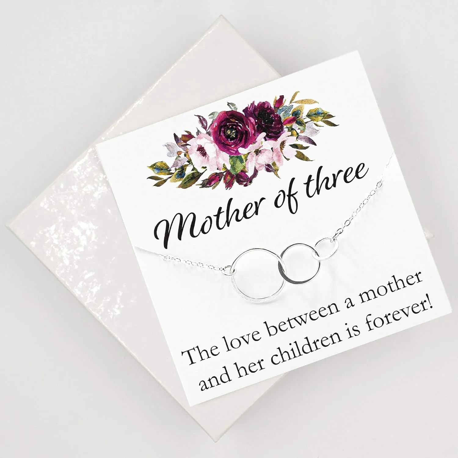 Dashe Designs Mother of Three Necklace Gift with Card, Third Child Gift for Mom or Wife from Husband Daughter Son, Sterling Silver Circles (16 inches)