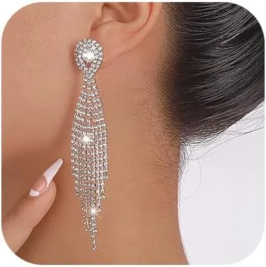 Denifery Teardrop Crystal Chandelier Earrings Long Tassels Dangle Earrings Sparkling Rhinestone Ladies Gifts Statement Earrings Bridal Wedding (Silver)