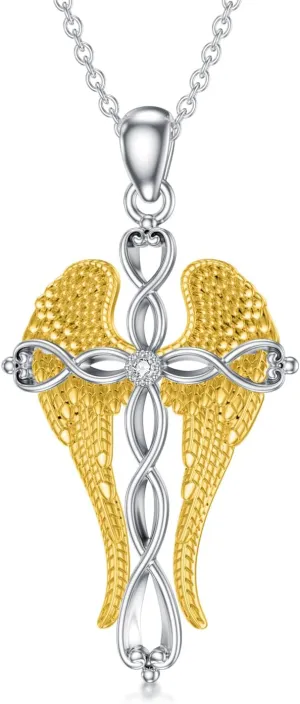 Diamond Cross Necklace for Women 925 Sterling Silver Angel Wing Cross Pendant with Lab Grown Diamond Jewelry Gifts