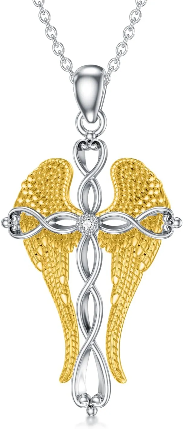 Diamond Cross Necklace for Women 925 Sterling Silver Angel Wing Cross Pendant with Lab Grown Diamond Jewelry Gifts