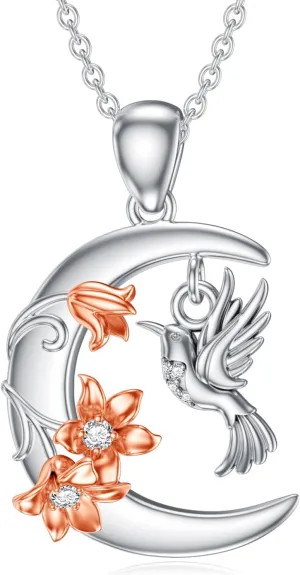 Diamond Hummingbird Necklace for Women 925 Sterling Silver Moon and Hummingbird Necklaces with Lab Grown Diamond Jewelry Gifts