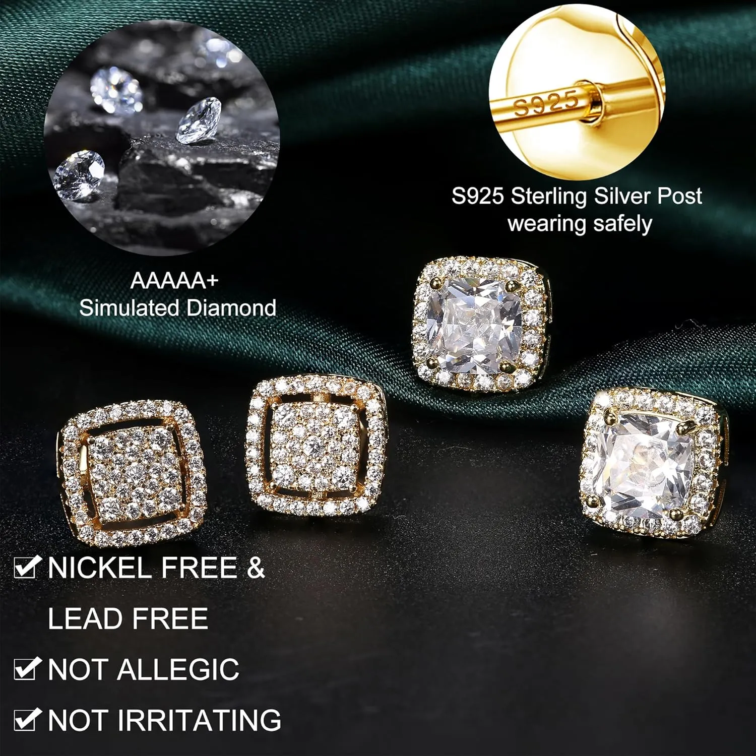Dochais Cubic Zirconia Stud Earrings for Men Women, 14K Gold Plated Hypoallergenic 925 Sterling Silver Post Earrings Set, Iced Out Round & Square CZ Studs, Simulated Diamond Halo Earrings