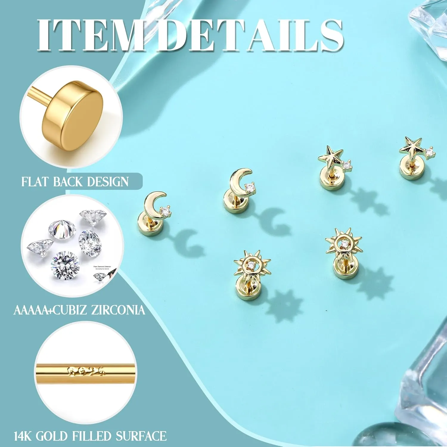 Dochais Flat Back Stud Earrings for Women and Men, Hypoallergenic 14k Gold Plated 925 Sterling Silver Post Stud Earrings Set, Gold and Silver Earrings with Screw for Sensitive Ears, Ideal for Helix, Tragus, and Cartilage Piercings