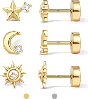 Dochais Flat Back Stud Earrings for Women and Men, Hypoallergenic 14k Gold Plated 925 Sterling Silver Post Stud Earrings Set, Gold and Silver Earrings with Screw for Sensitive Ears, Ideal for Helix, Tragus, and Cartilage Piercings