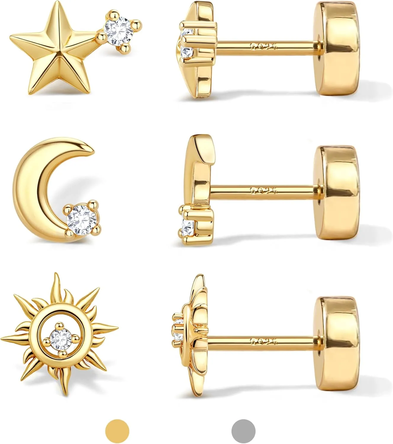 Dochais Flat Back Stud Earrings for Women and Men, Hypoallergenic 14k Gold Plated 925 Sterling Silver Post Stud Earrings Set, Gold and Silver Earrings with Screw for Sensitive Ears, Ideal for Helix, Tragus, and Cartilage Piercings