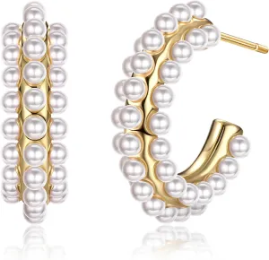 Dochais Pearl Hoop Earrings for Women, 14K Gold Plated Pearl Drop Earrings 925 Sterling Silver Gold Pearl Hoops Earrings Trendy Lightweight Hypoallergenic Pearl Earrings Jewelry