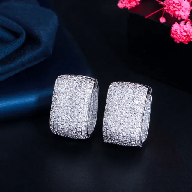 Double Sided Micro Paved Cubic Zirconia White Gold Color Rectangle Hoop Earrings
