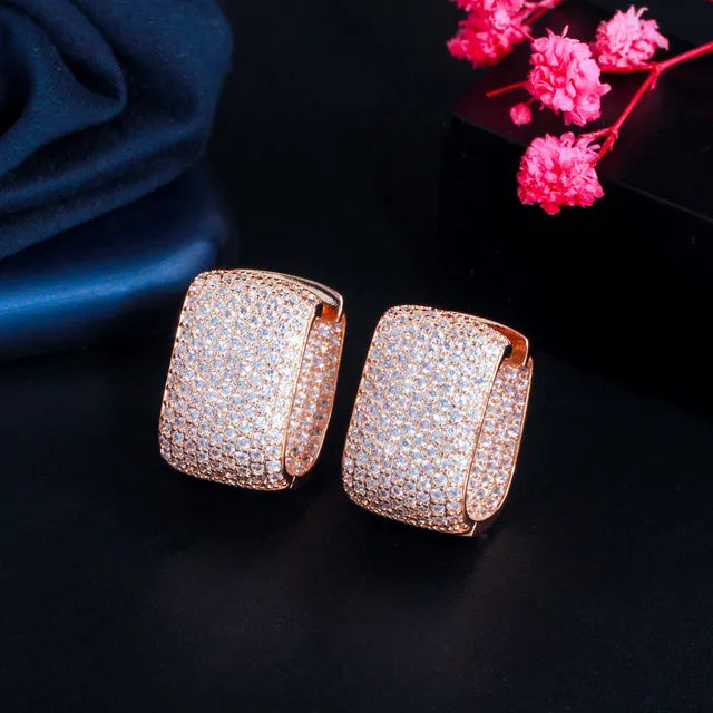 Double Sided Micro Paved Cubic Zirconia White Gold Color Rectangle Hoop Earrings