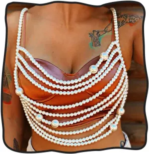 DRESBE Layered Pearl Beads Body Chain Silver Summer Beach Bikini Chest Chains Bra Accessories for Women