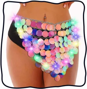 DRESBE Light Up Sequin Body Chains Sparkly LED Waist Chain Skirt Glow Party Rave Bikini Body Accessories for Women