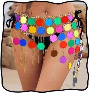 DRESBE Rainbow Sequin Waist Chain Gold Tassel Body Chains Summer Beach Bikini Body Accessories for Women