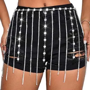 DRESBE Rhinestone Waist Chain Jewelry Silver Crystal Tassel Belly Chains Sparkly Bikini Party Body Accessories for Women
