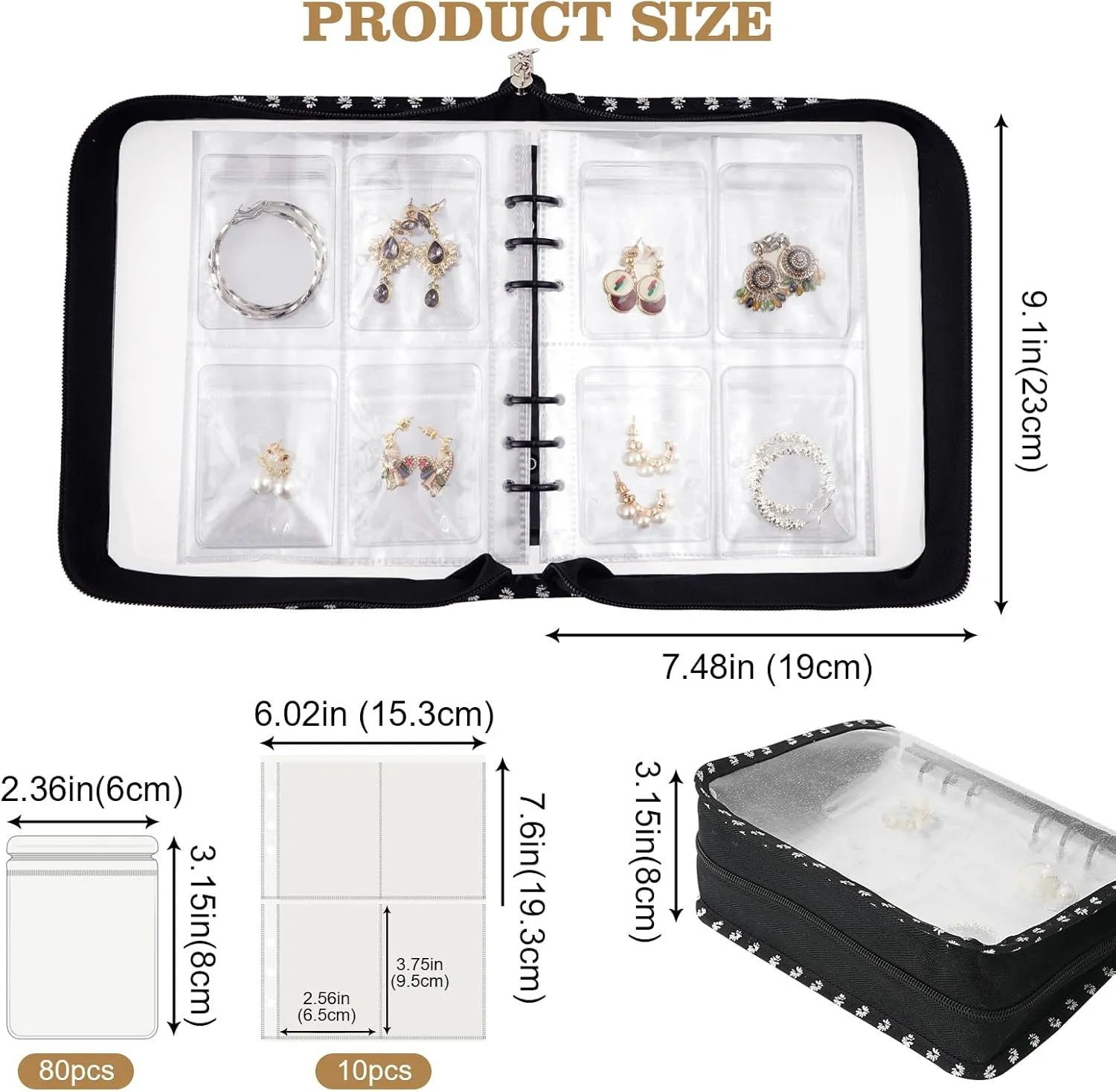 Earring Storage Book Organizer Travel Transparent Jewelry Storage Book for Necklace, Ring, Earring, Storage (Black Flowers, 80 Pcs Earring Pouches)