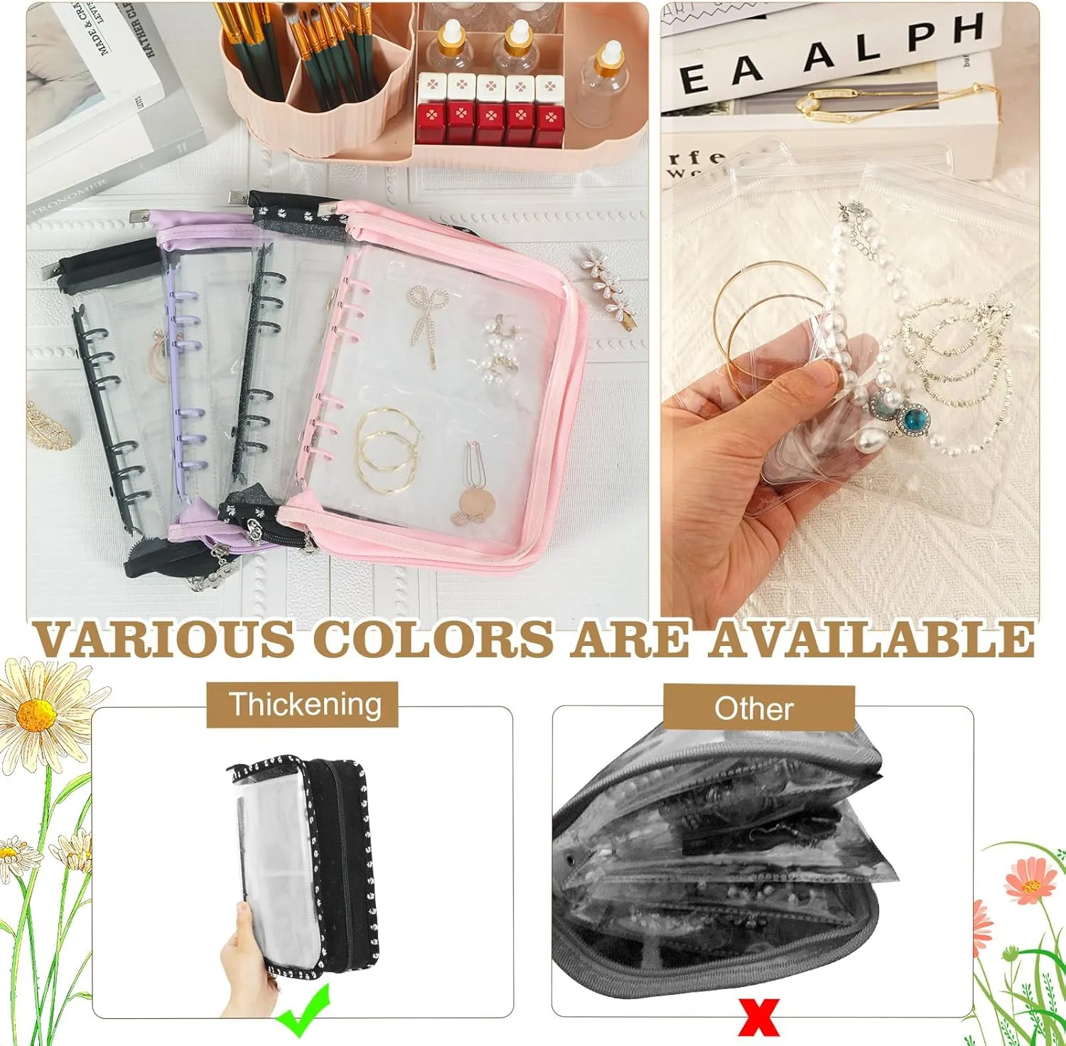 Earring Storage Book Organizer Travel Transparent Jewelry Storage Book for Necklace, Ring, Earring, Storage (Black Flowers, 80 Pcs Earring Pouches)