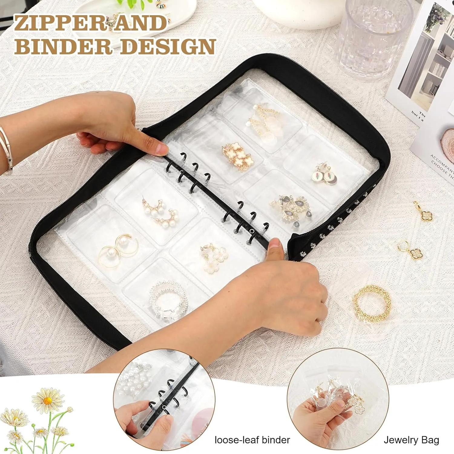 Earring Storage Book Organizer Travel Transparent Jewelry Storage Book for Necklace, Ring, Earring, Storage (Black Flowers, 80 Pcs Earring Pouches)