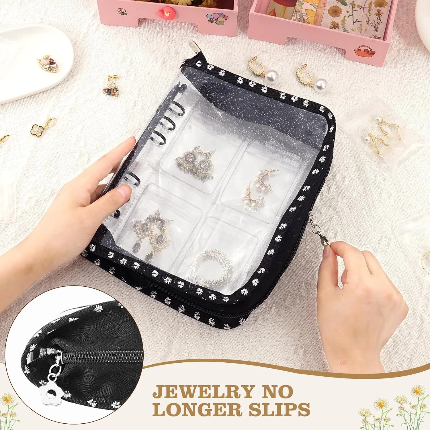Earring Storage Book Organizer Travel Transparent Jewelry Storage Book for Necklace, Ring, Earring, Storage (Black Flowers, 80 Pcs Earring Pouches)