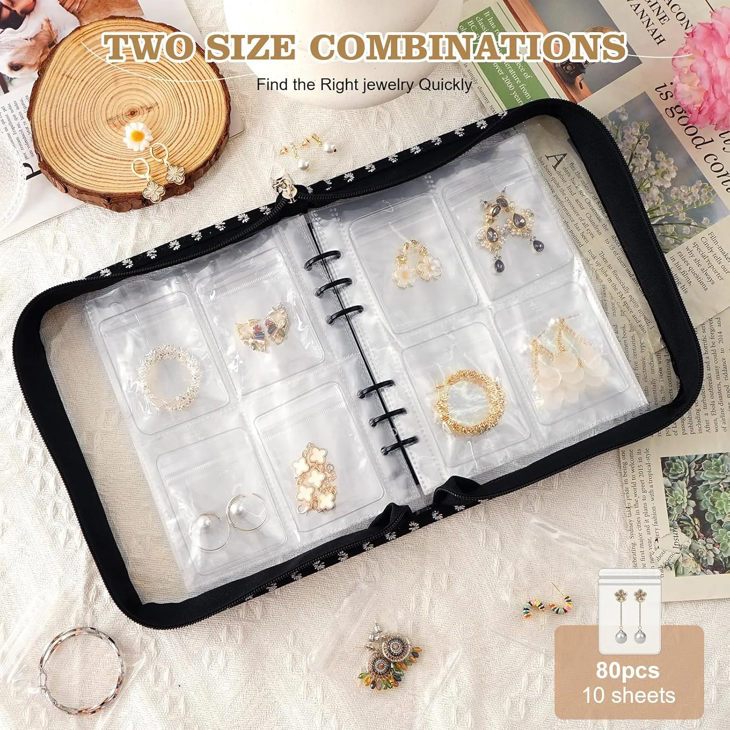 Earring Storage Book Organizer Travel Transparent Jewelry Storage Book for Necklace, Ring, Earring, Storage (Black Flowers, 80 Pcs Earring Pouches)