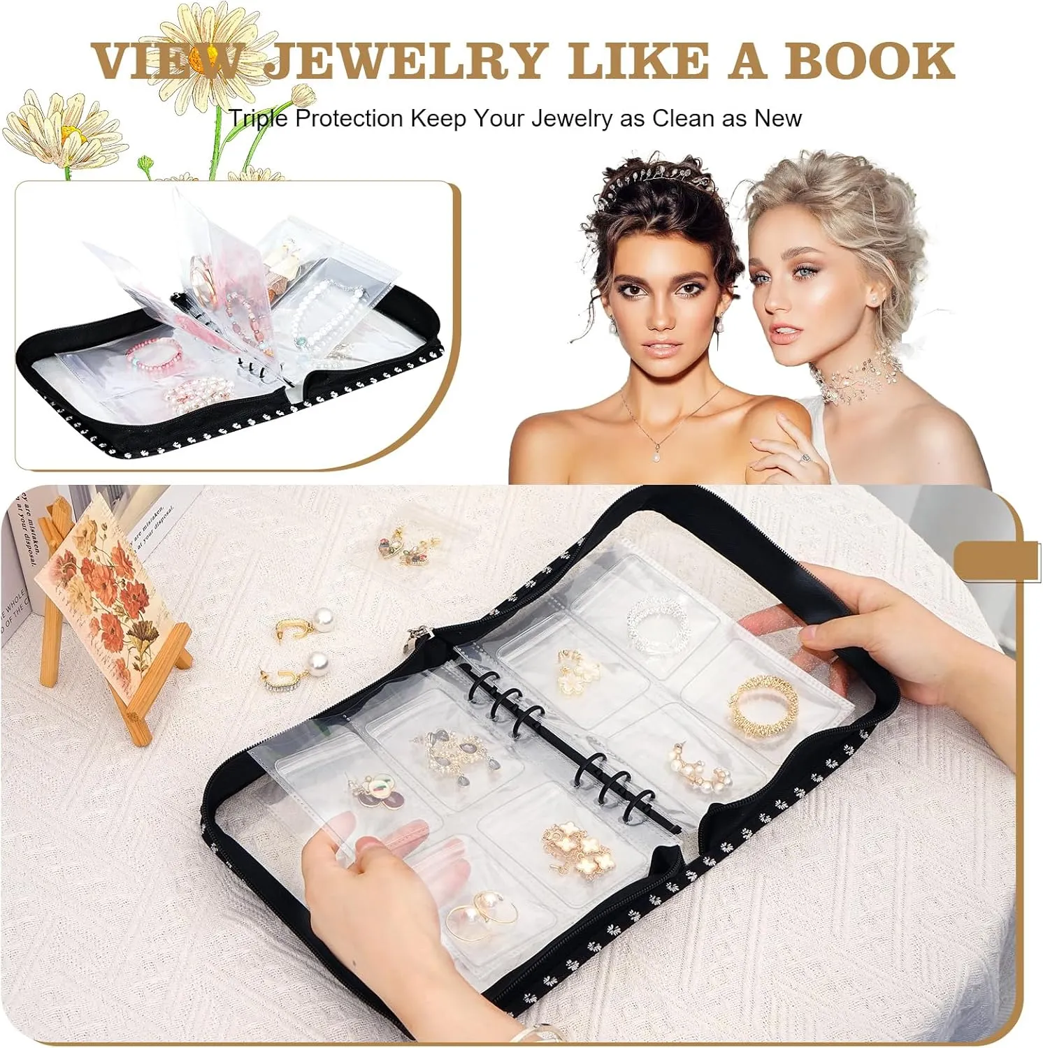 Earring Storage Book Organizer Travel Transparent Jewelry Storage Book for Necklace, Ring, Earring, Storage (Black Flowers, 80 Pcs Earring Pouches)